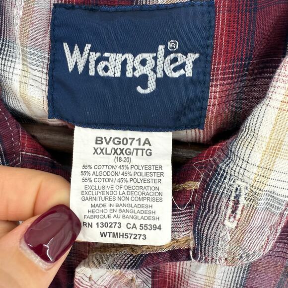 Wrangler Pearl Snap Shirt Maroon White Plaid Youth 18/20 Western Cowboy Rodeo - Picture 4 of 4